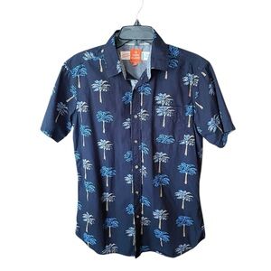Free Planet men’s short sleeve cotton palm tree button shirt MED blue